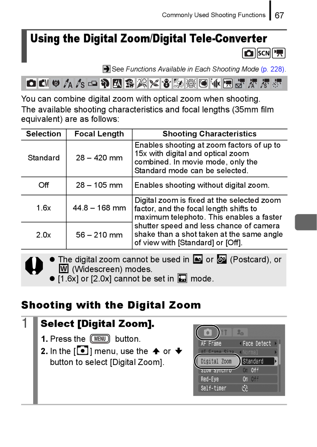 Canon IXUS 860 IS appendix Shooting with the Digital Zoom, Select Digital Zoom, Focal Length Shooting Characteristics 