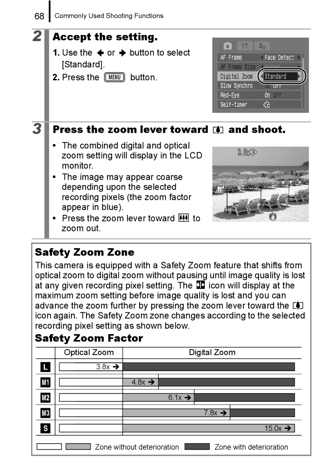 Canon IXUS 860 IS appendix Press the zoom lever toward and shoot, Safety Zoom Zone, Safety Zoom Factor 