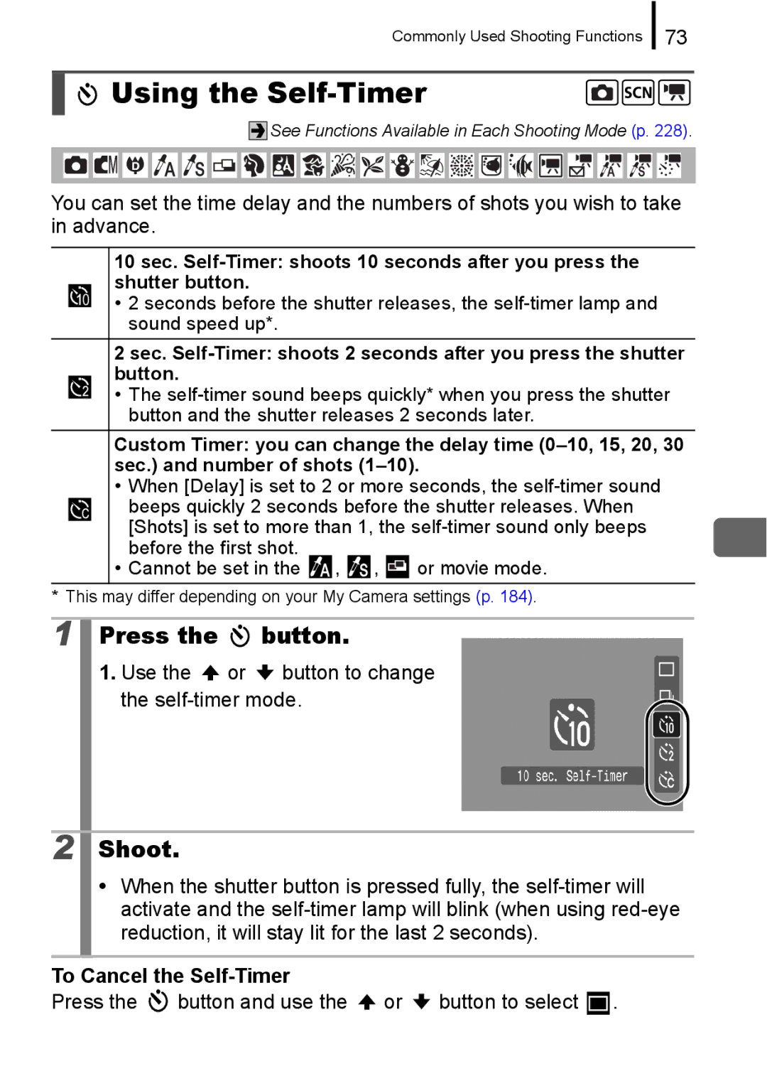 Canon IXUS 860 IS appendix Using the Self-Timer, Use the or button to change Self-timer mode, To Cancel the Self-Timer 