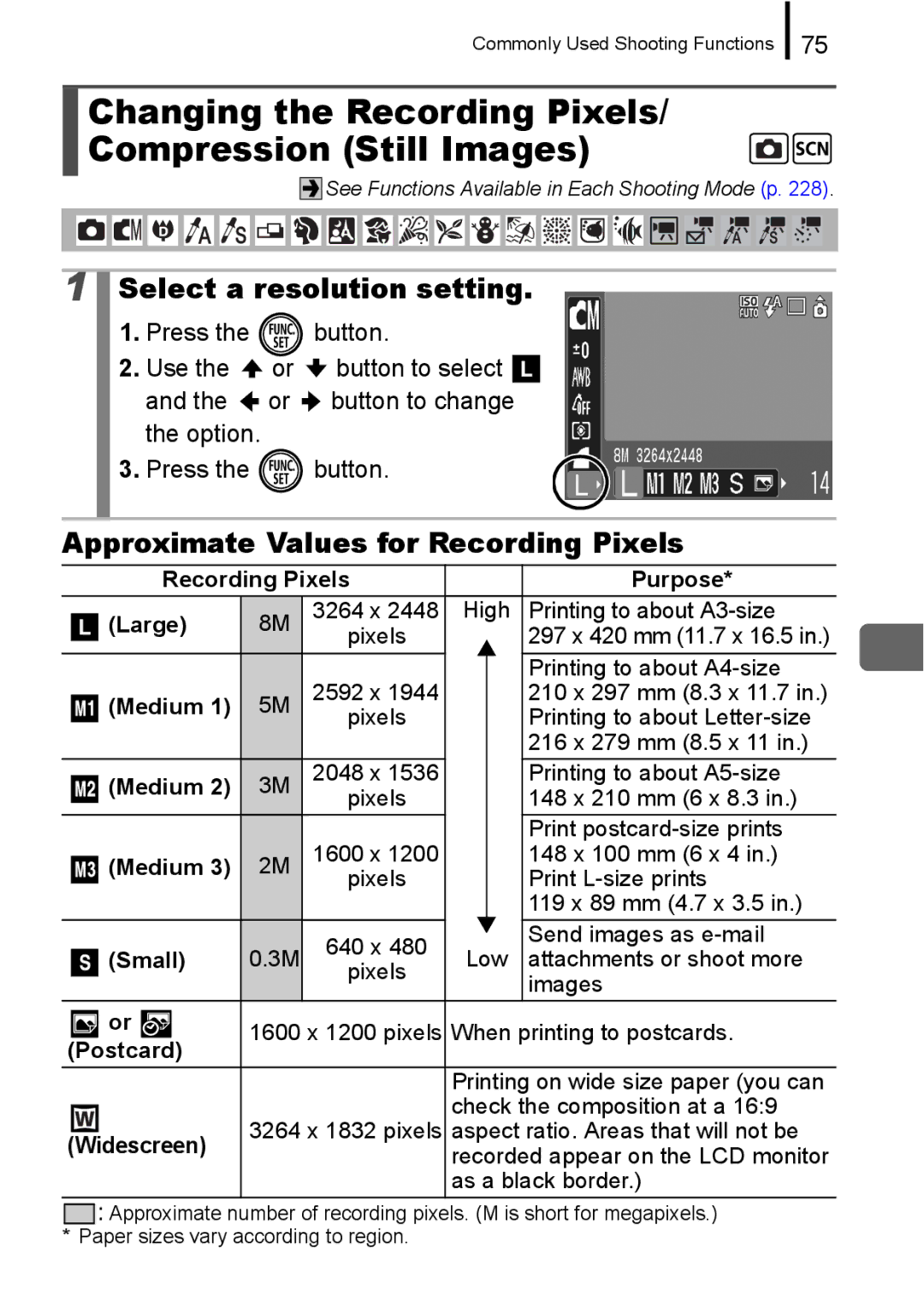 Canon IXUS 860 IS appendix Select a resolution setting, Approximate Values for Recording Pixels 