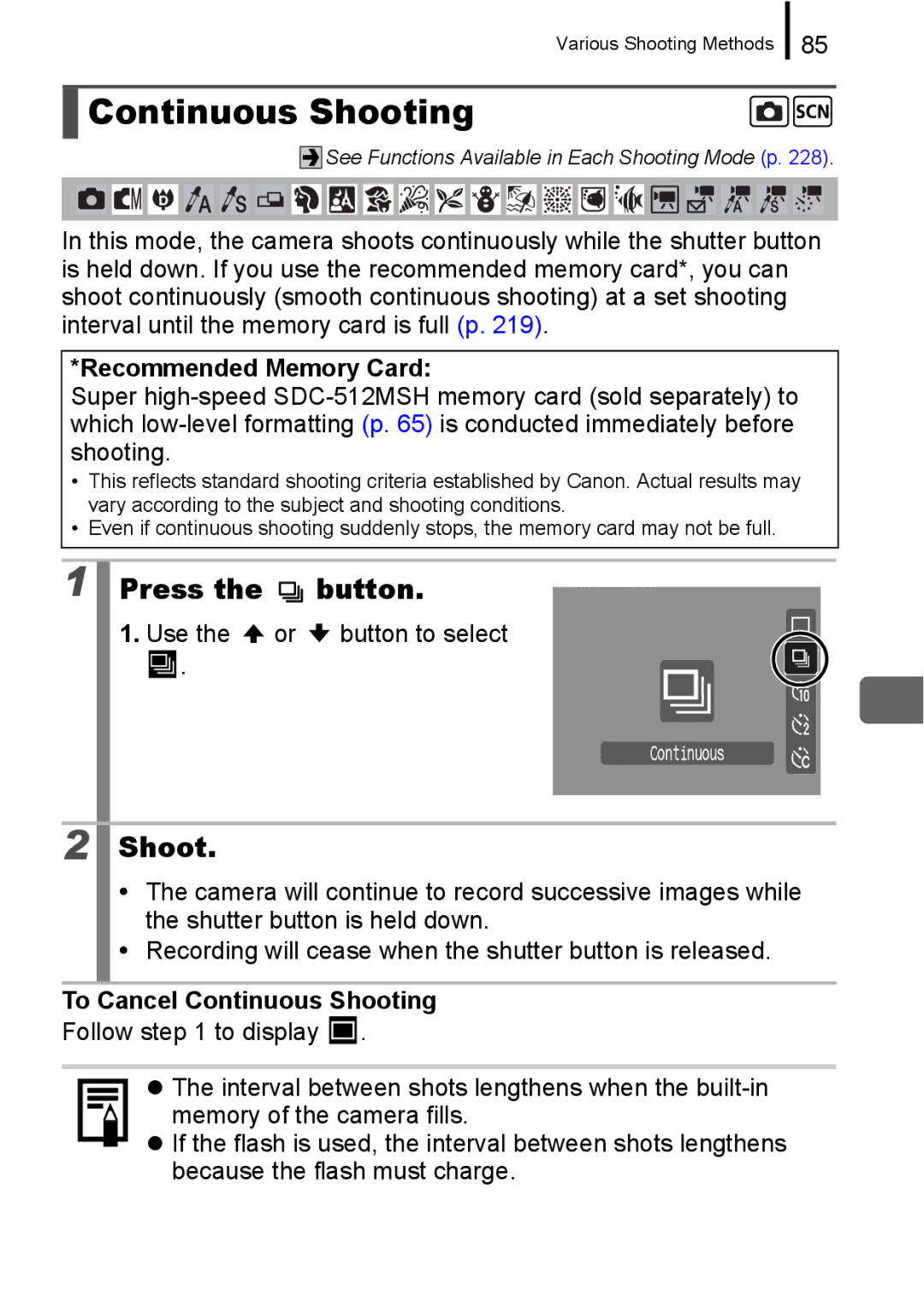 Canon IXUS 860 IS appendix Recommended Memory Card, Use the or button to select, To Cancel Continuous Shooting 