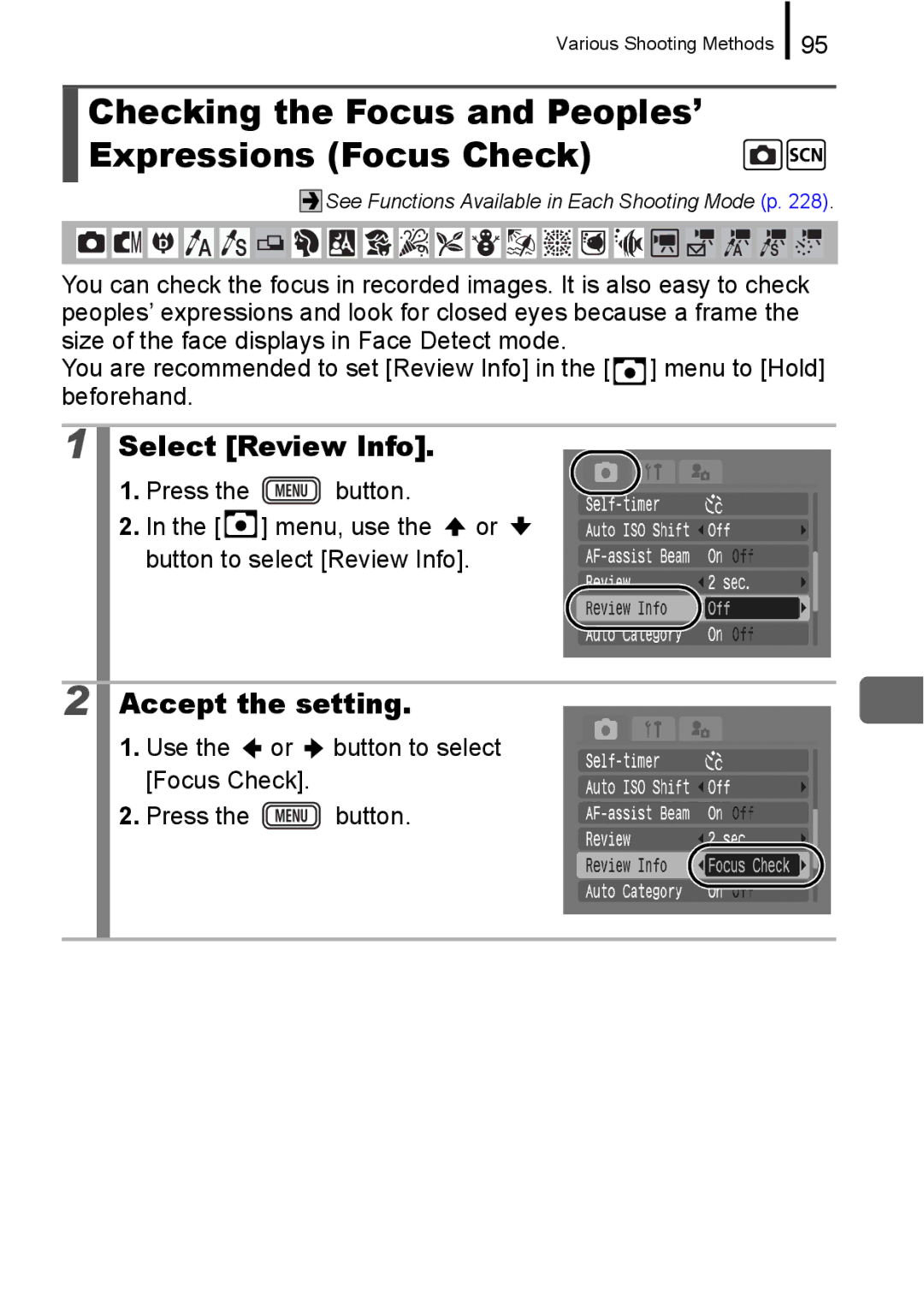 Canon IXUS 860 IS appendix Select Review Info, Use the or button to select Focus Check Press the button 