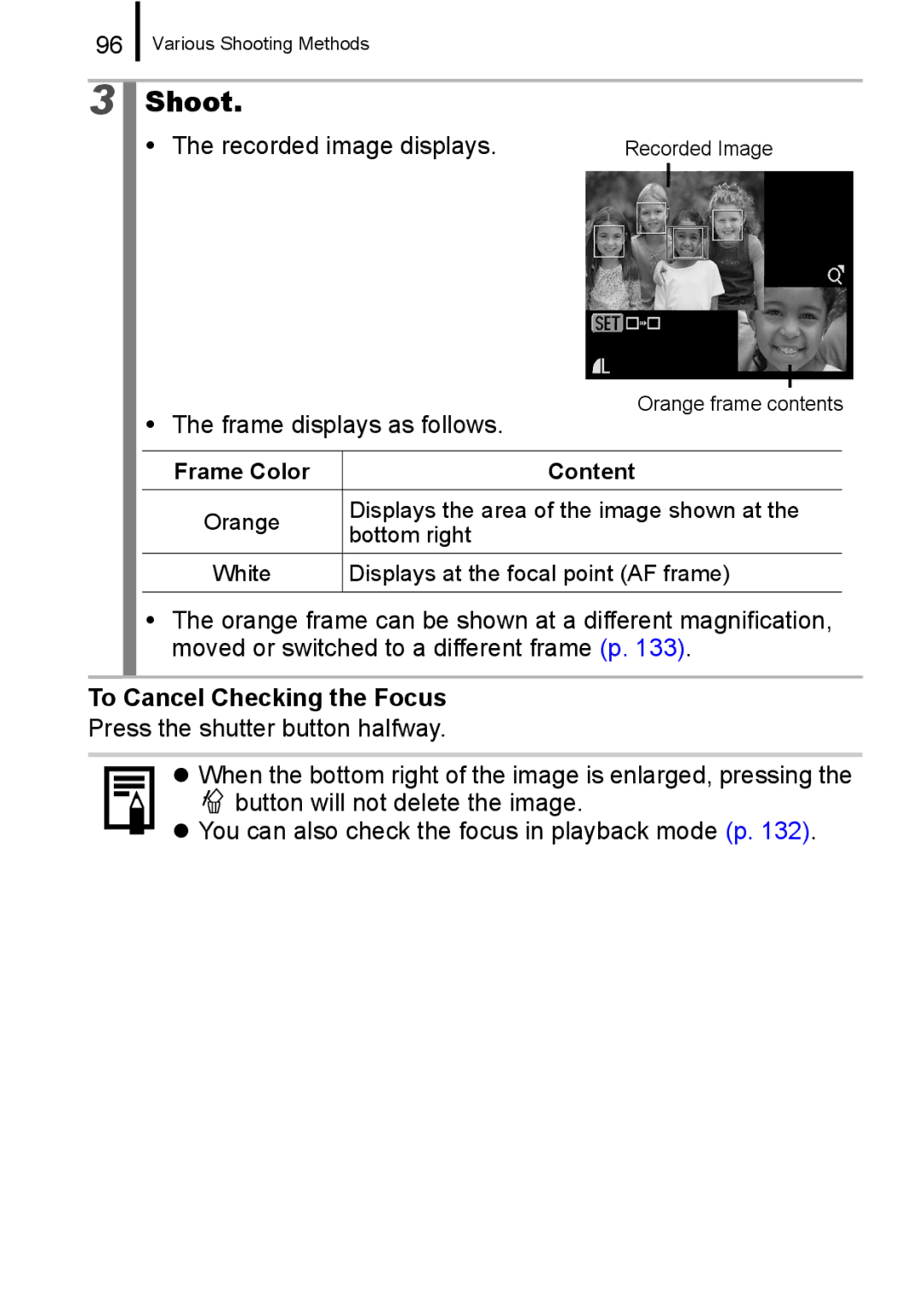 Canon IXUS 860 IS Recorded image displays, Frame displays as follows, To Cancel Checking the Focus, Frame Color Content 