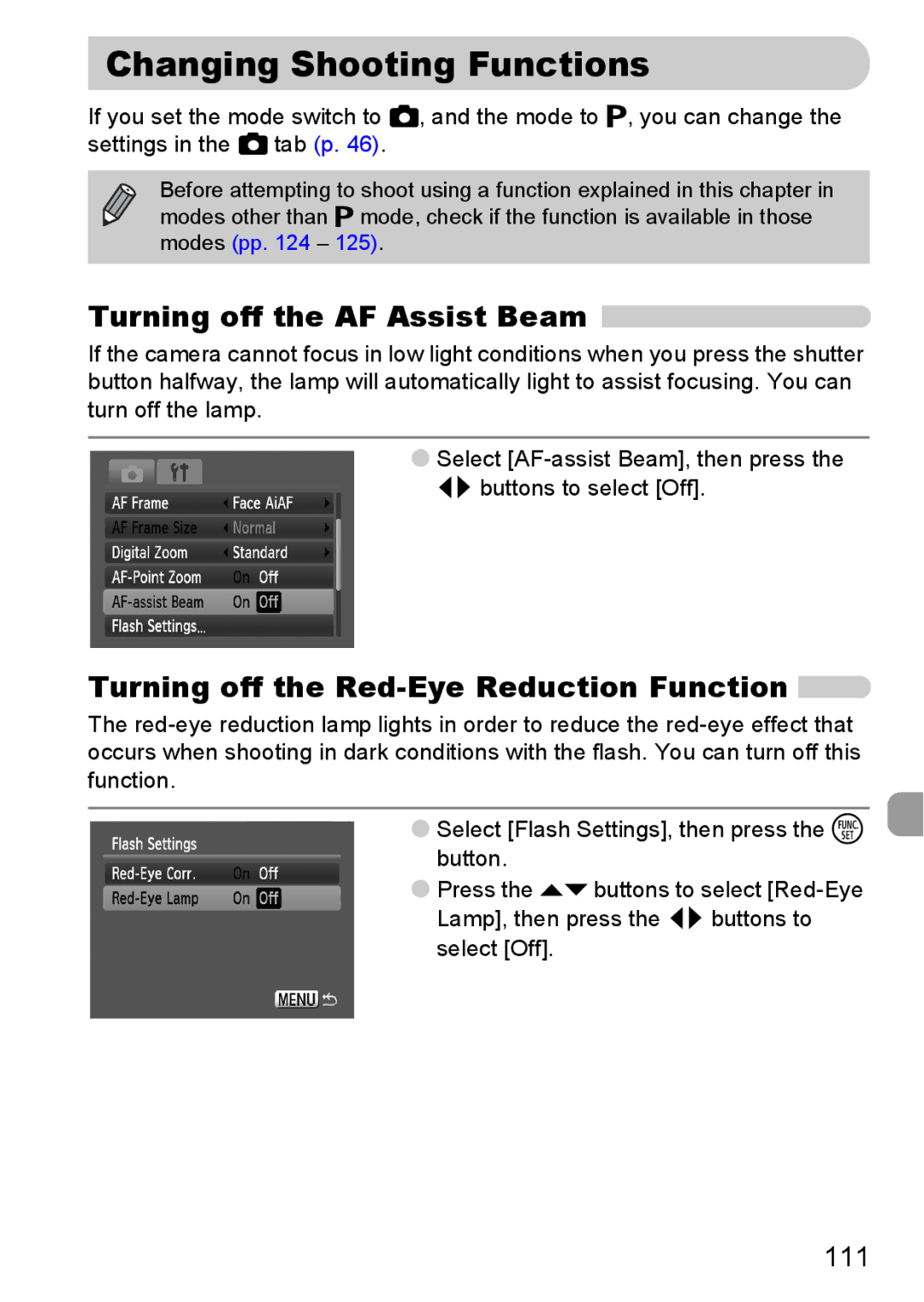 Canon IXUS 95 IS Changing Shooting Functions, Turning off the AF Assist Beam, Turning off the Red-Eye Reduction Function 