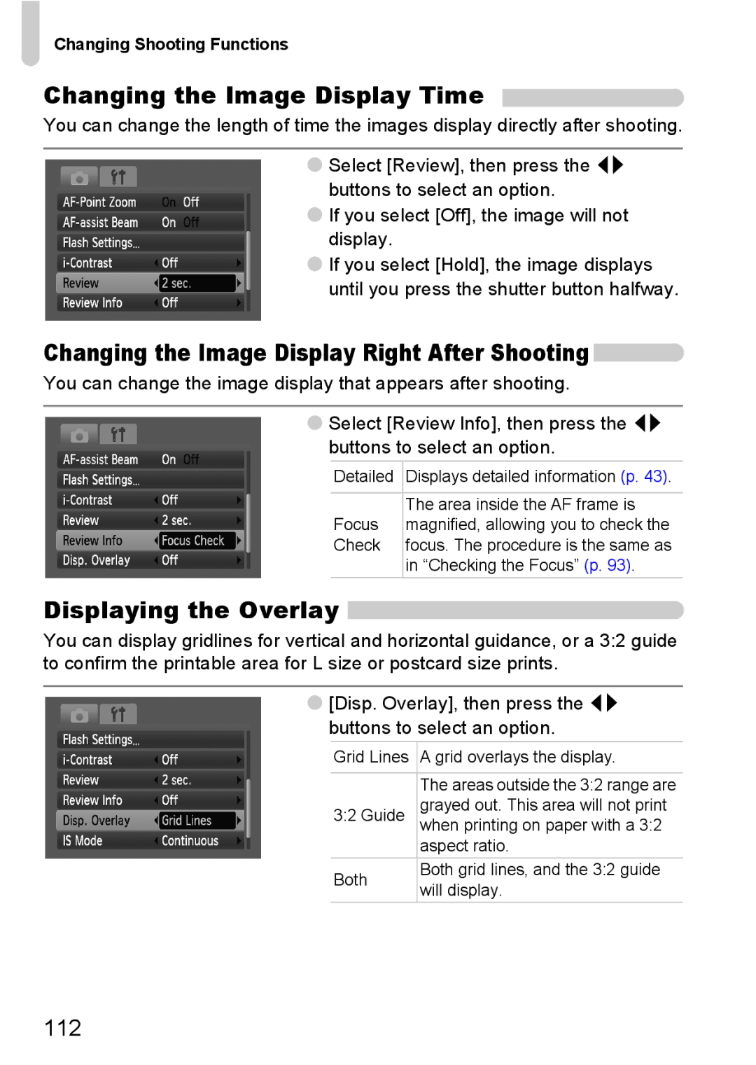 Canon IXUS 95 IS Changing the Image Display Time, Displaying the Overlay, Changing the Image Display Right After Shooting 