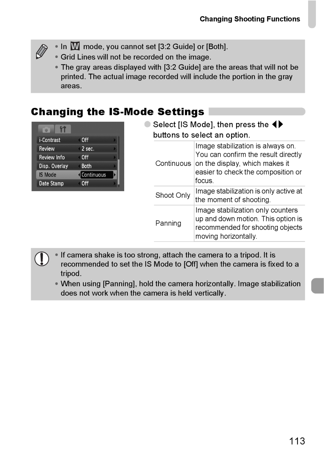 Canon IXUS 95 IS manual Changing the IS-Mode Settings, 113 