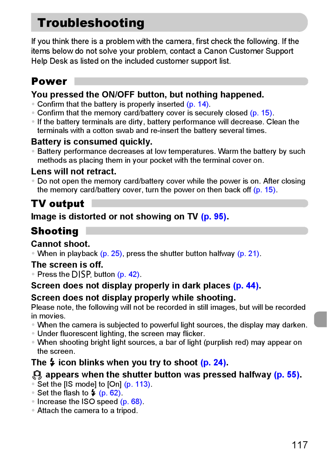 Canon IXUS 95 IS manual Troubleshooting, Power, TV output, Shooting, 117 
