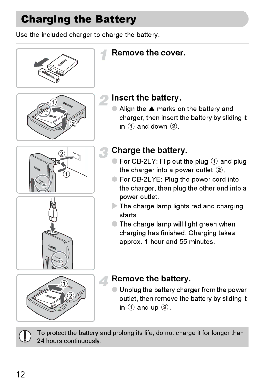 Canon IXUS 95 IS manual Charging the Battery, Remove the cover Insert the battery, Charge the battery, Remove the battery 