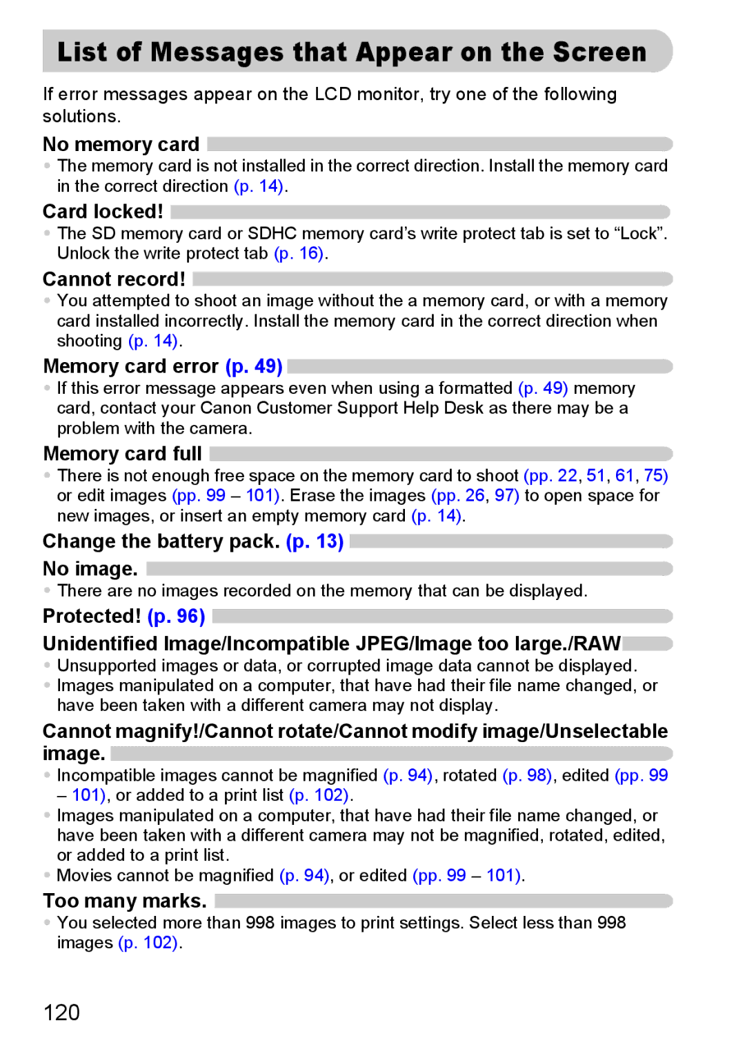 Canon IXUS 95 IS manual List of Messages that Appear on the Screen, 120 