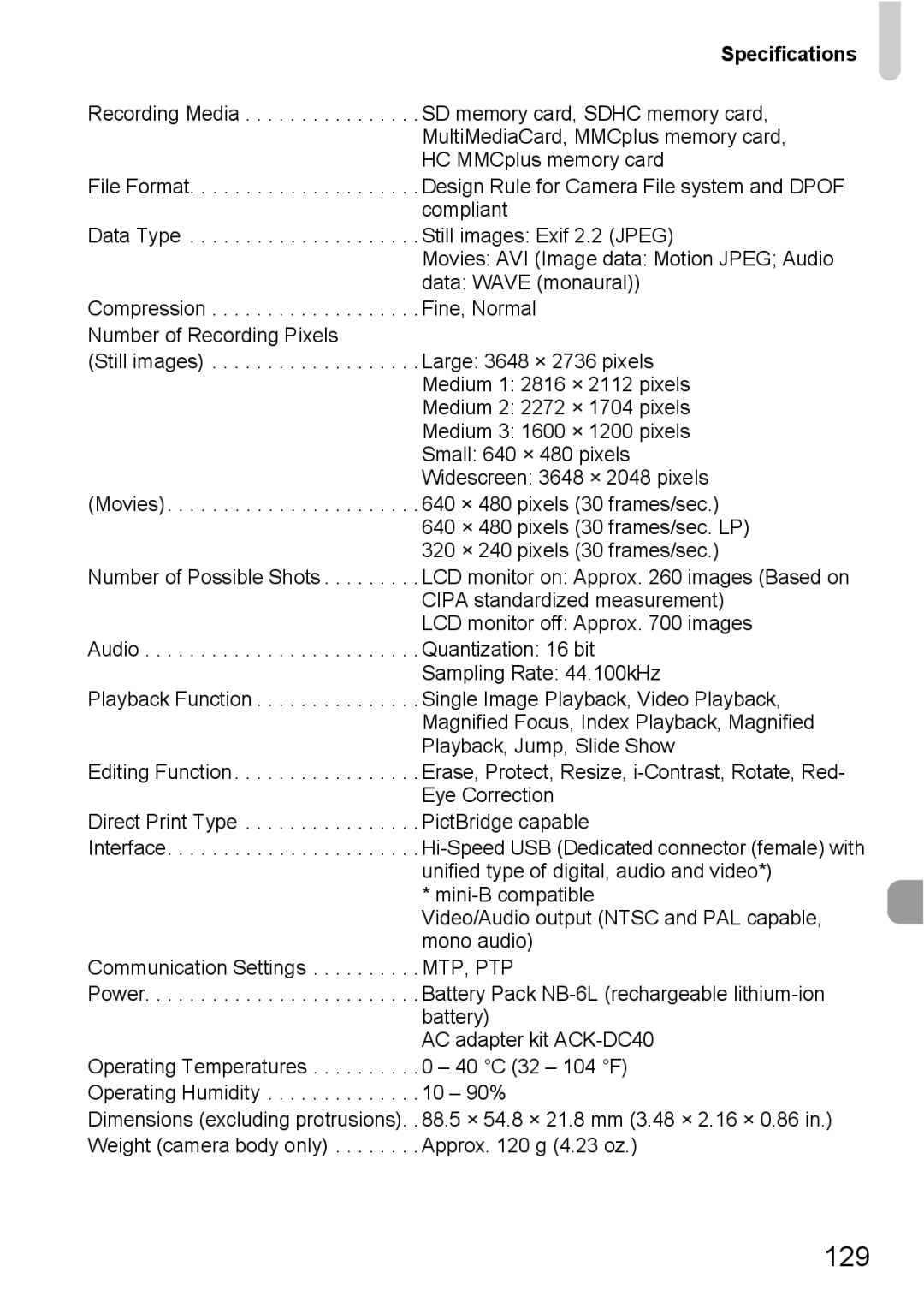 Canon IXUS 95 IS manual 129, Specifications 