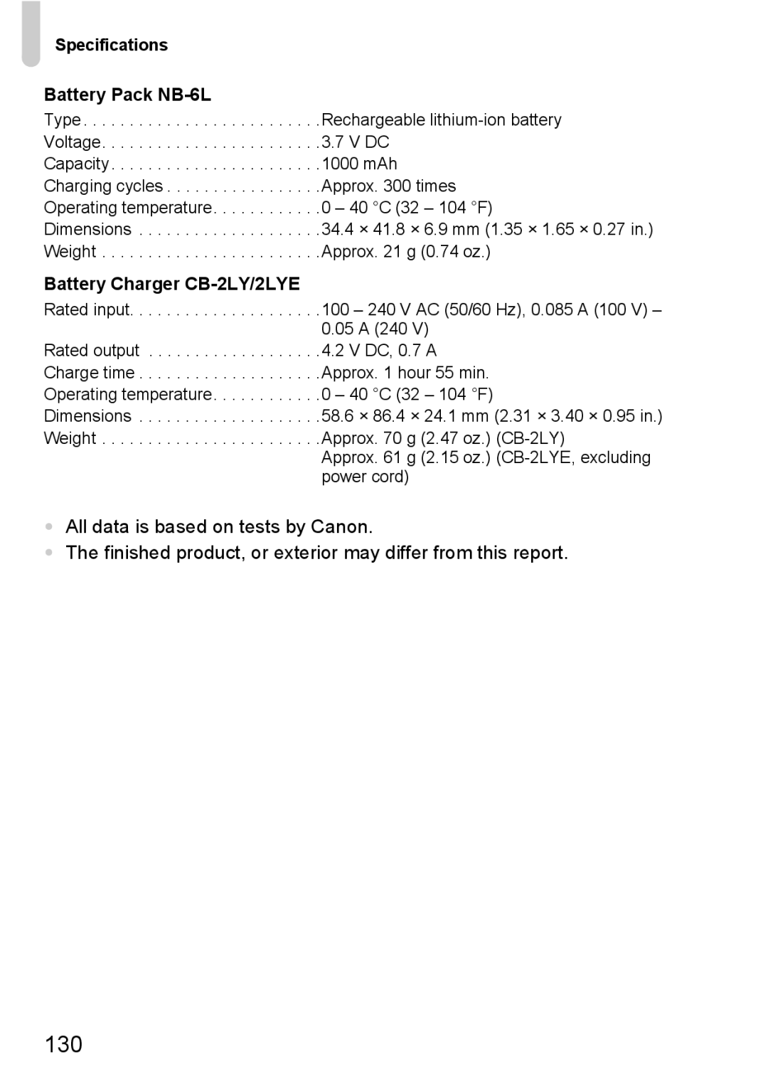 Canon IXUS 95 IS manual 130, Specifications Battery Pack NB-6L, Battery Charger CB-2LY/2LYE 