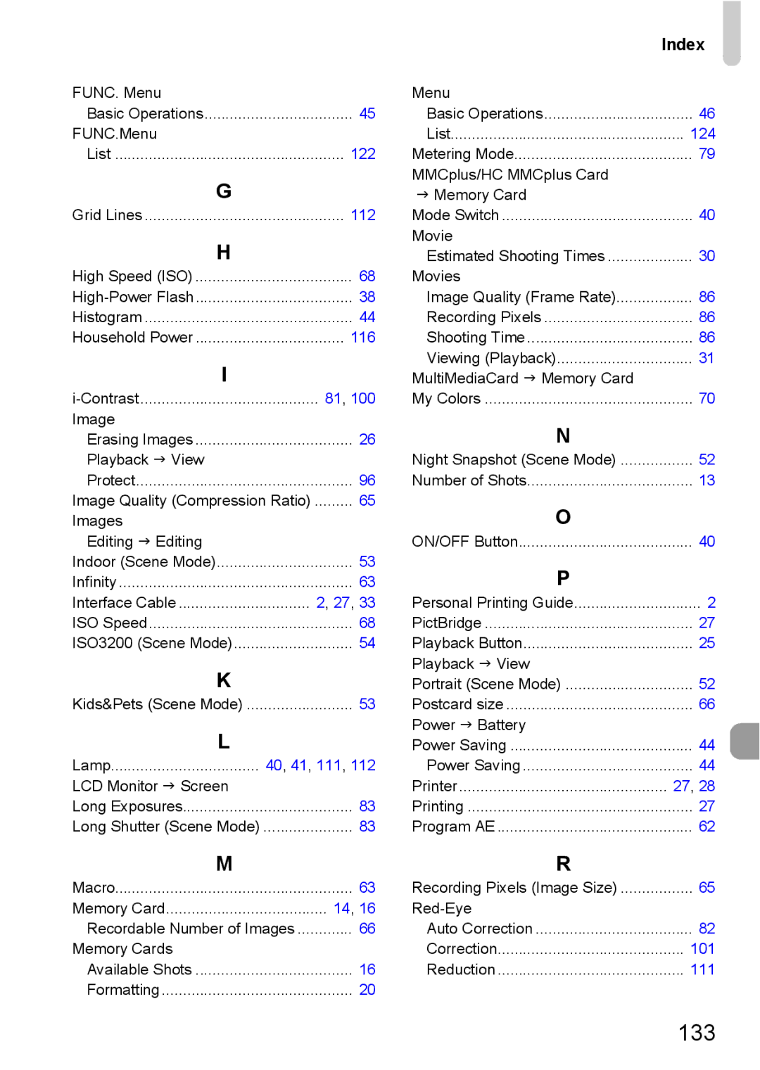 Canon IXUS 95 IS manual 133, Index 