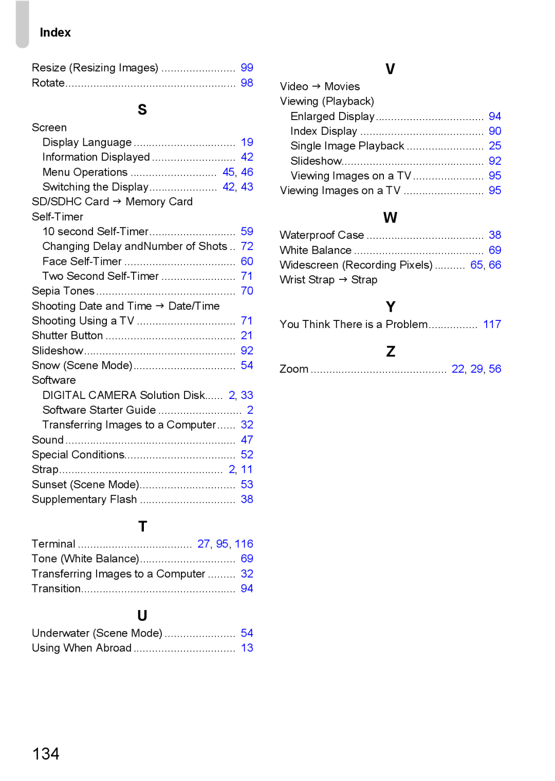 Canon IXUS 95 IS manual 134, Index 