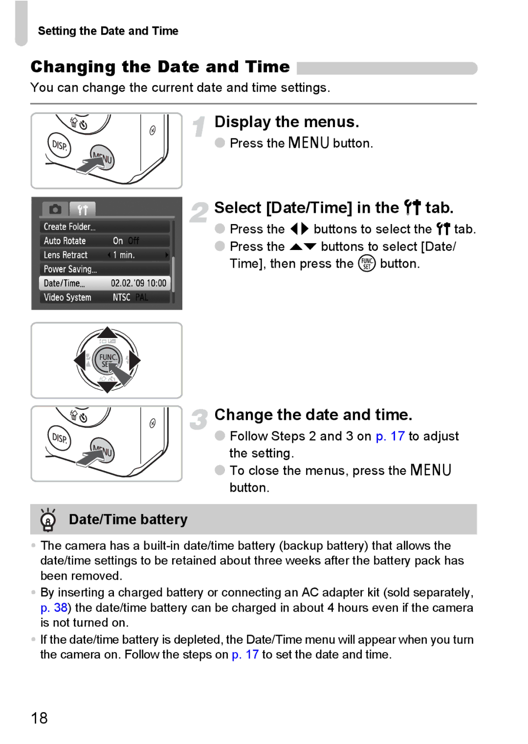 Canon IXUS 95 IS Changing the Date and Time, Display the menus, Select Date/Time in the 3 tab, Change the date and time 