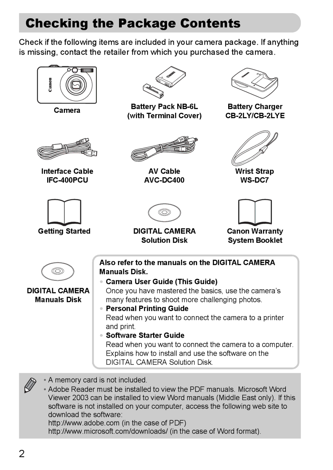 Canon IXUS 95 IS manual Checking the Package Contents 