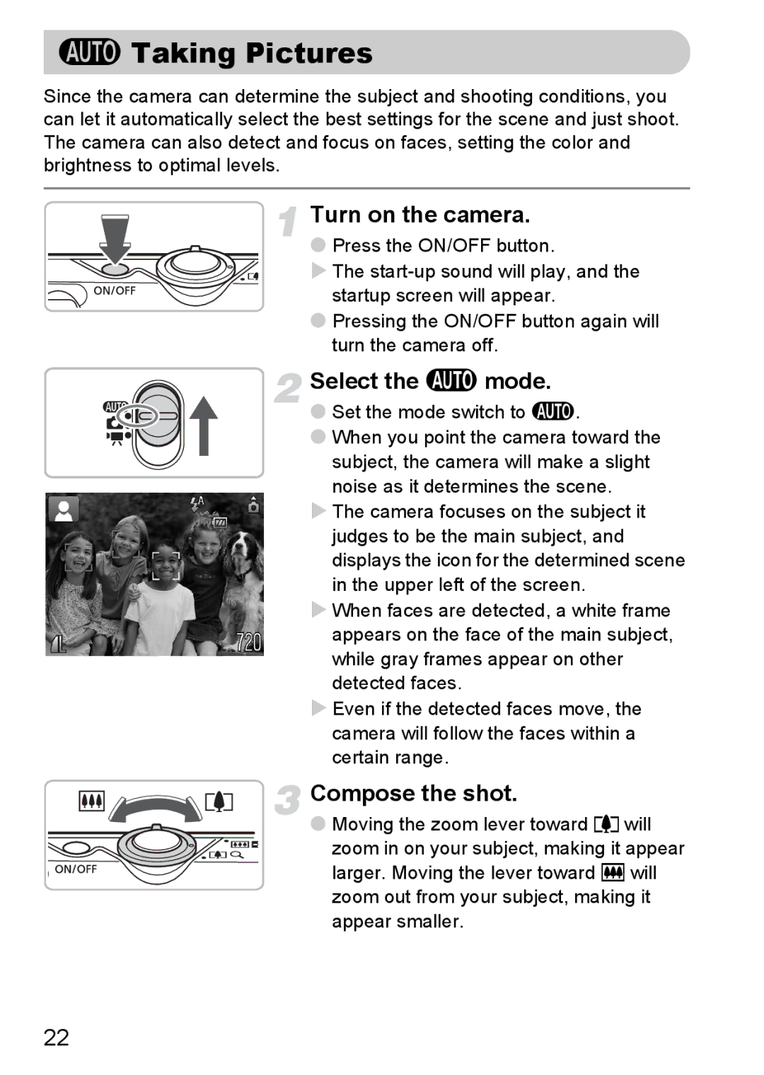 Canon IXUS 95 IS manual Taking Pictures, Select the a mode, Compose the shot, Set the mode switch to a 