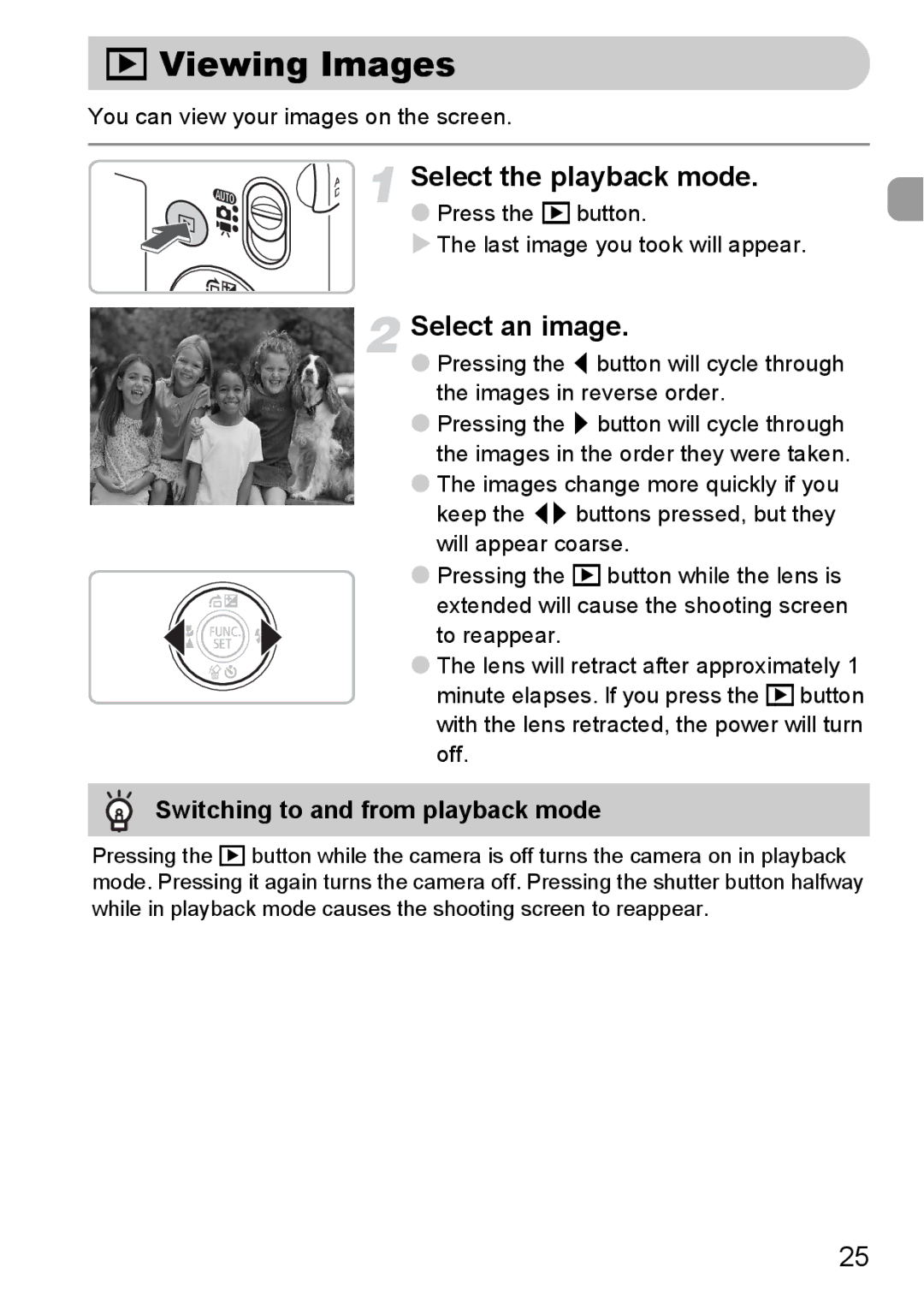 Canon IXUS 95 IS manual Viewing Images, Select the playback mode, Select an image, Switching to and from playback mode 