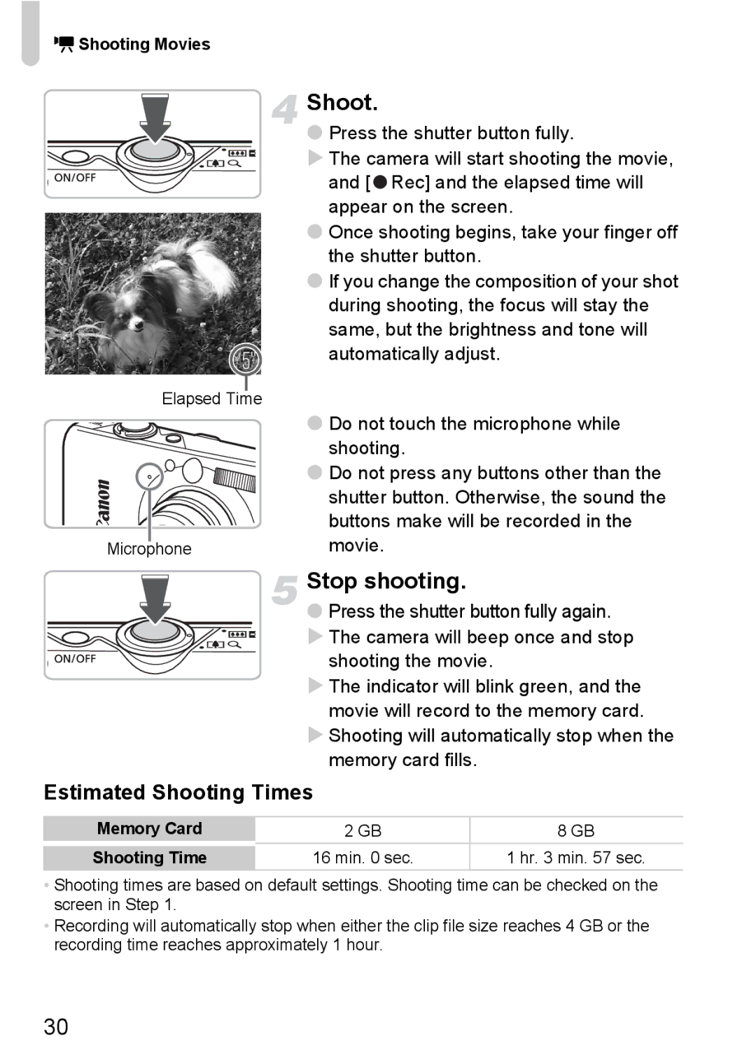 Canon IXUS 95 IS manual Stop shooting, Estimated Shooting Times, Shooting the movie 