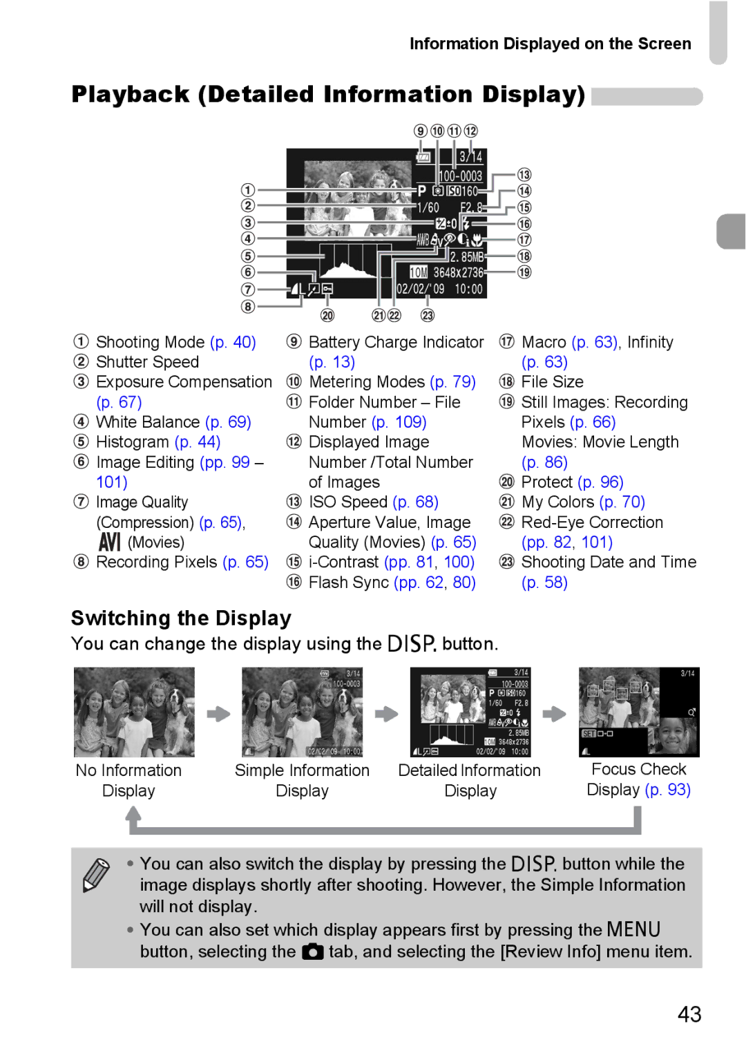 Canon IXUS 95 IS manual Playback Detailed Information Display, Information Displayed on the Screen 