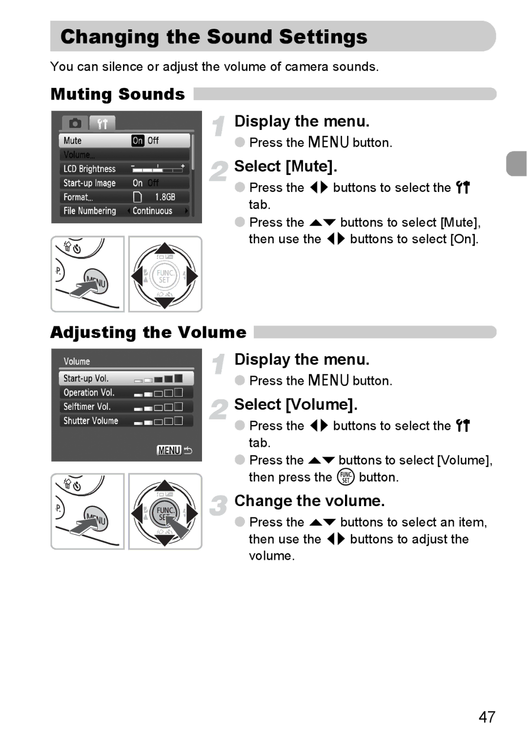 Canon IXUS 95 IS manual Changing the Sound Settings, Muting Sounds, Adjusting the Volume 