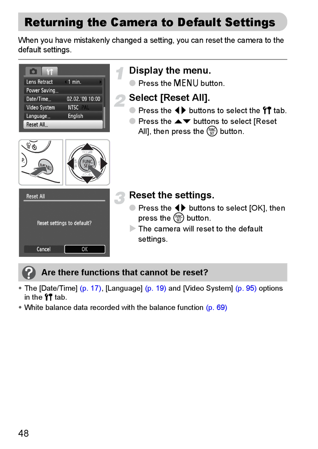 Canon IXUS 95 IS manual Returning the Camera to Default Settings, Select Reset All, Reset the settings 