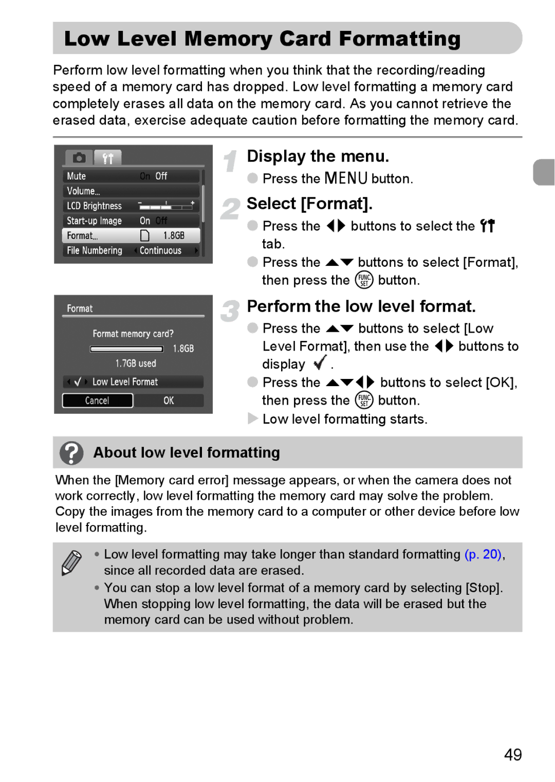 Canon IXUS 95 IS manual Low Level Memory Card Formatting, Perform the low level format, About low level formatting 