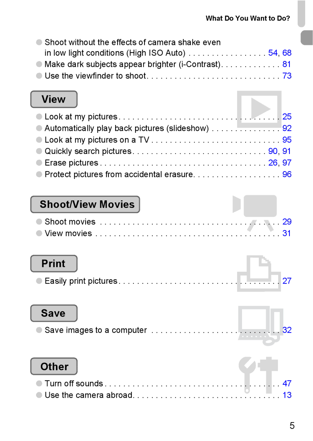 Canon IXUS 95 IS manual Shoot/View Movies, Print, Save, View movies 