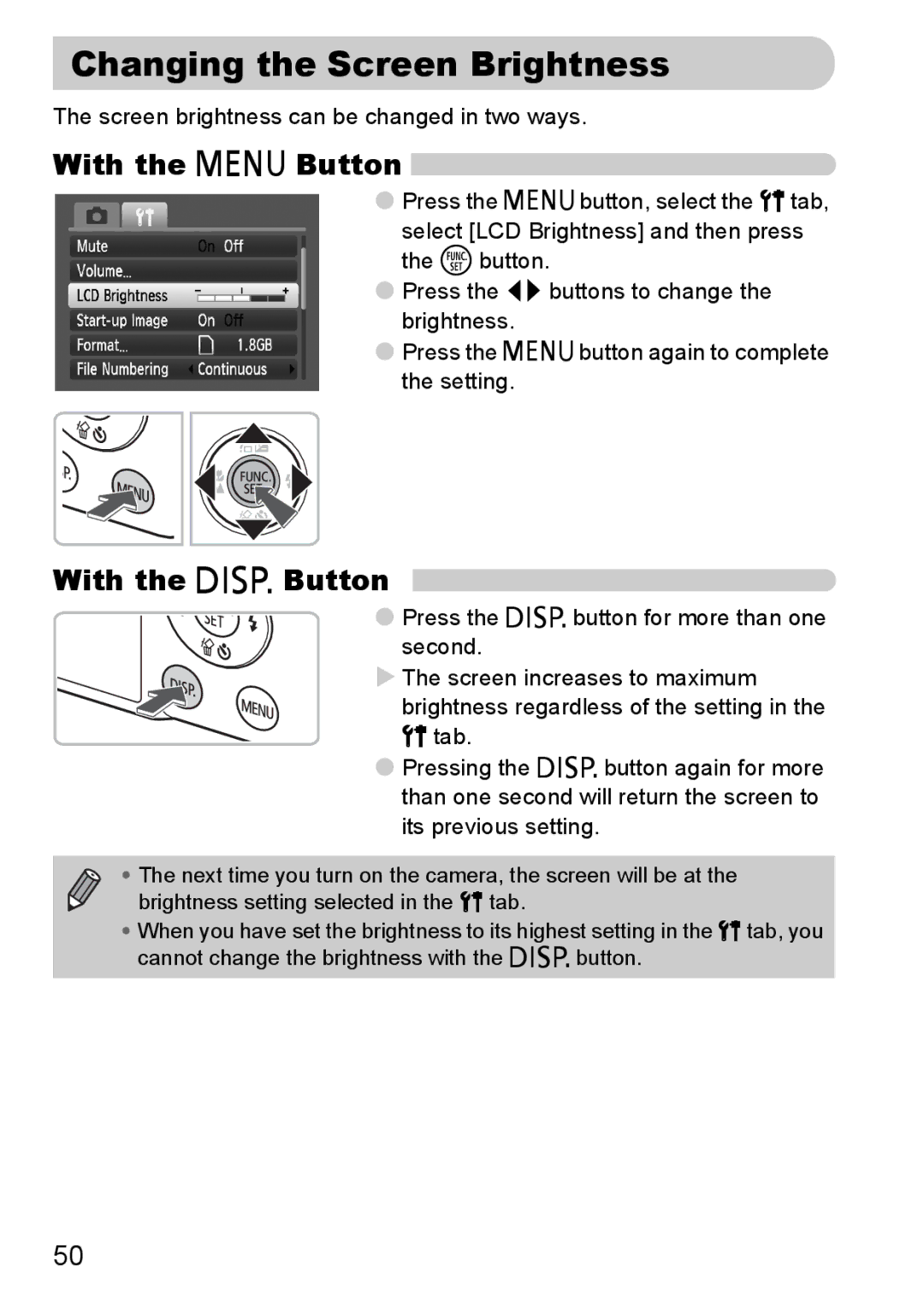 Canon IXUS 95 IS manual Changing the Screen Brightness, With the n Button, With the l Button 