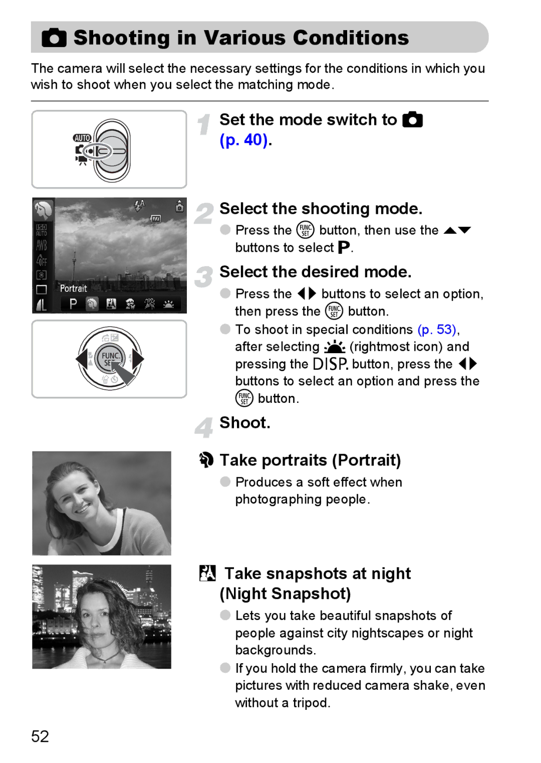 Canon IXUS 95 IS manual Shooting in Various Conditions, Set the mode switch to 4 p Select the shooting mode 