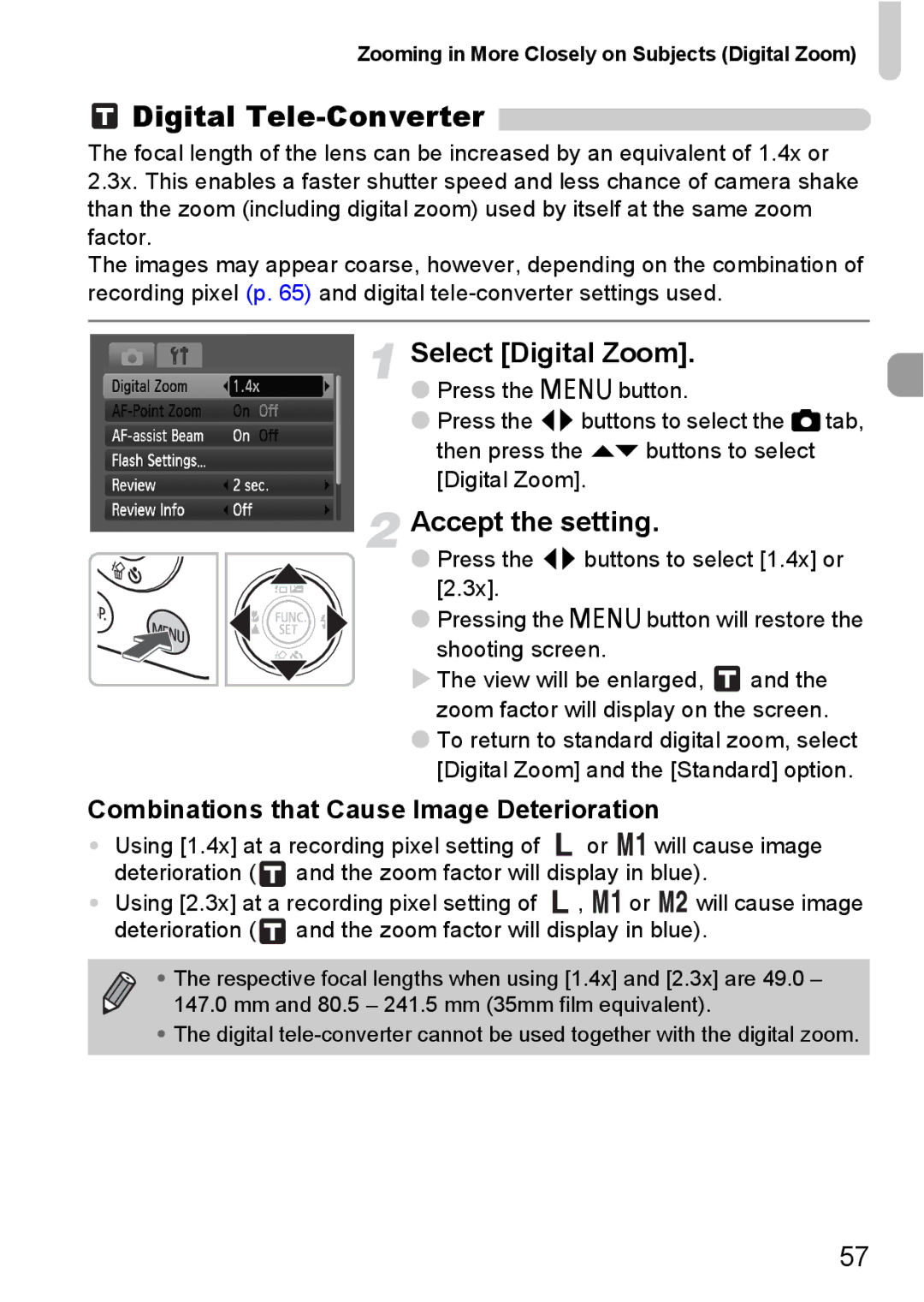 Canon IXUS 95 IS manual Digital Tele-Converter, Select Digital Zoom, Accept the setting 