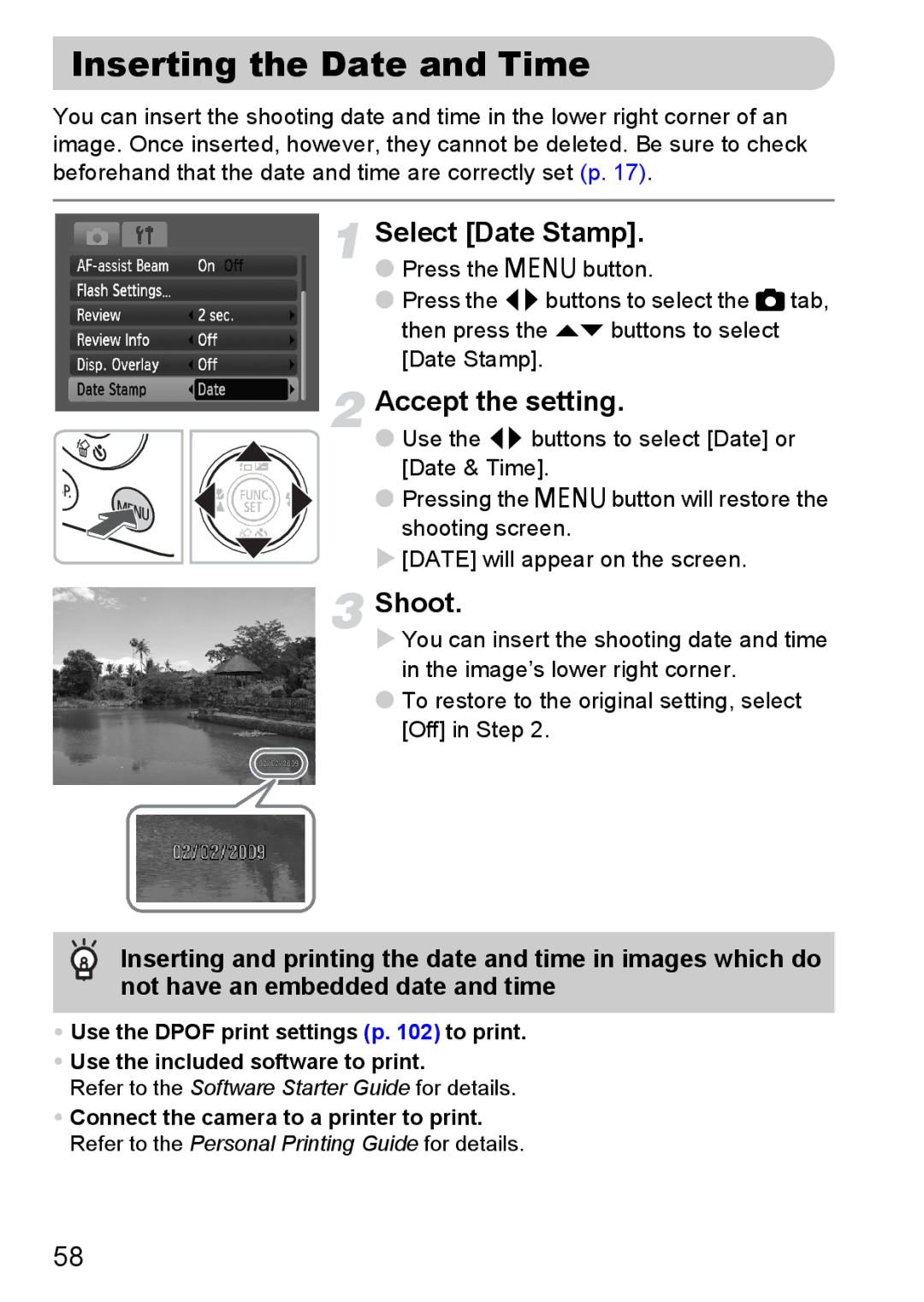 Canon IXUS 95 IS manual Inserting the Date and Time, Select Date Stamp 