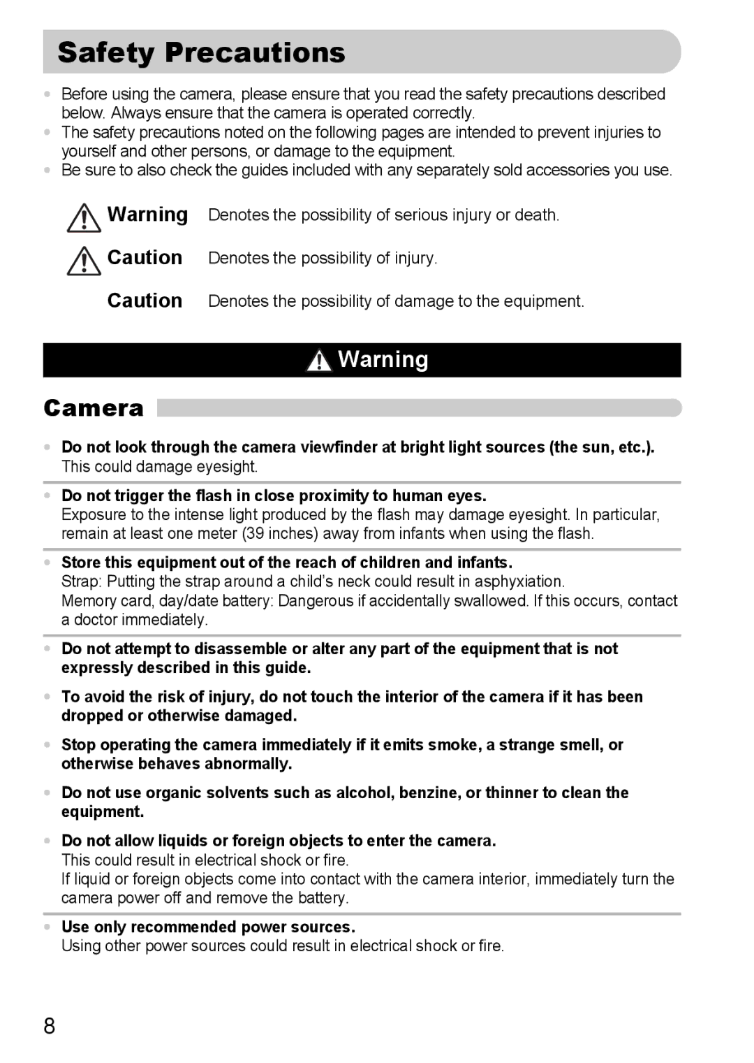 Canon IXUS 95 IS manual Safety Precautions, Camera, Use only recommended power sources 