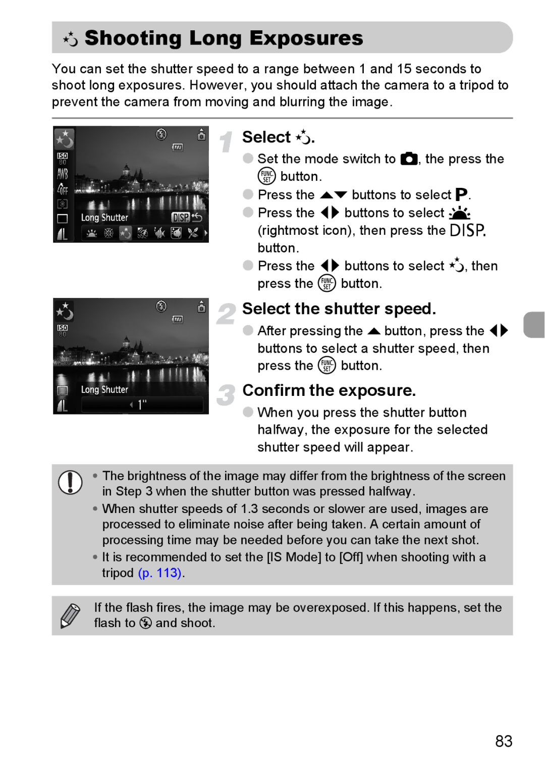 Canon IXUS 95 IS manual ≈ Shooting Long Exposures, Select ≈, Select the shutter speed, Confirm the exposure 