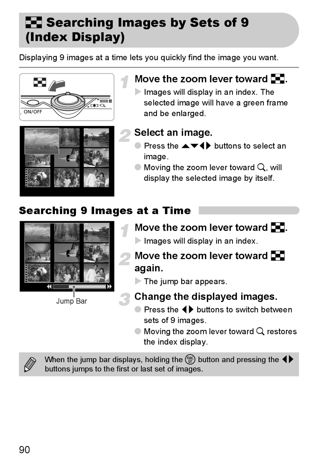 Canon IXUS 95 IS Searching Images by Sets of 9 Index Display, Searching 9 Images at a Time, Move the zoom lever toward g 