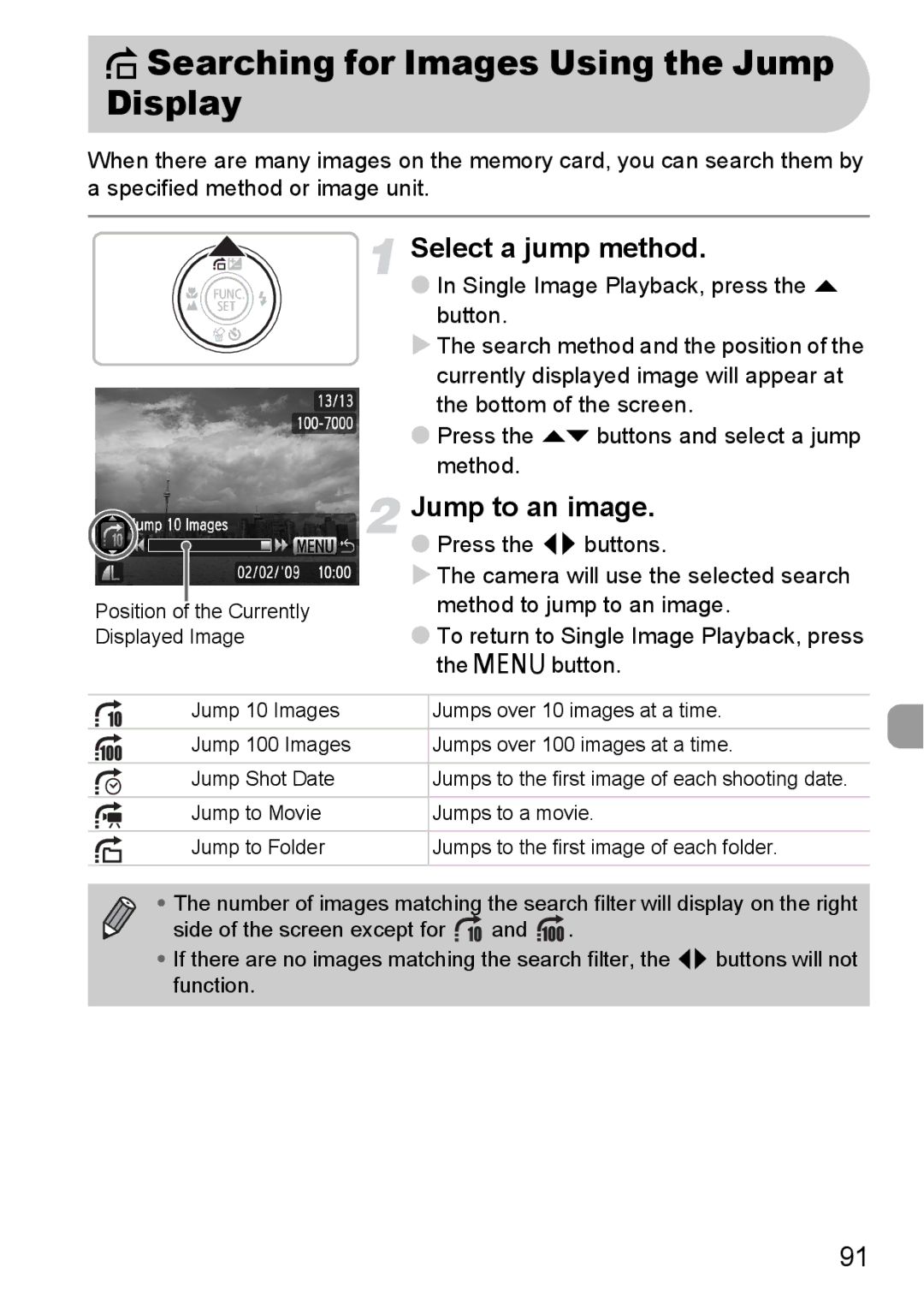 Canon IXUS 95 IS manual Searching for Images Using the Jump Display, Select a jump method, Jump to an image 