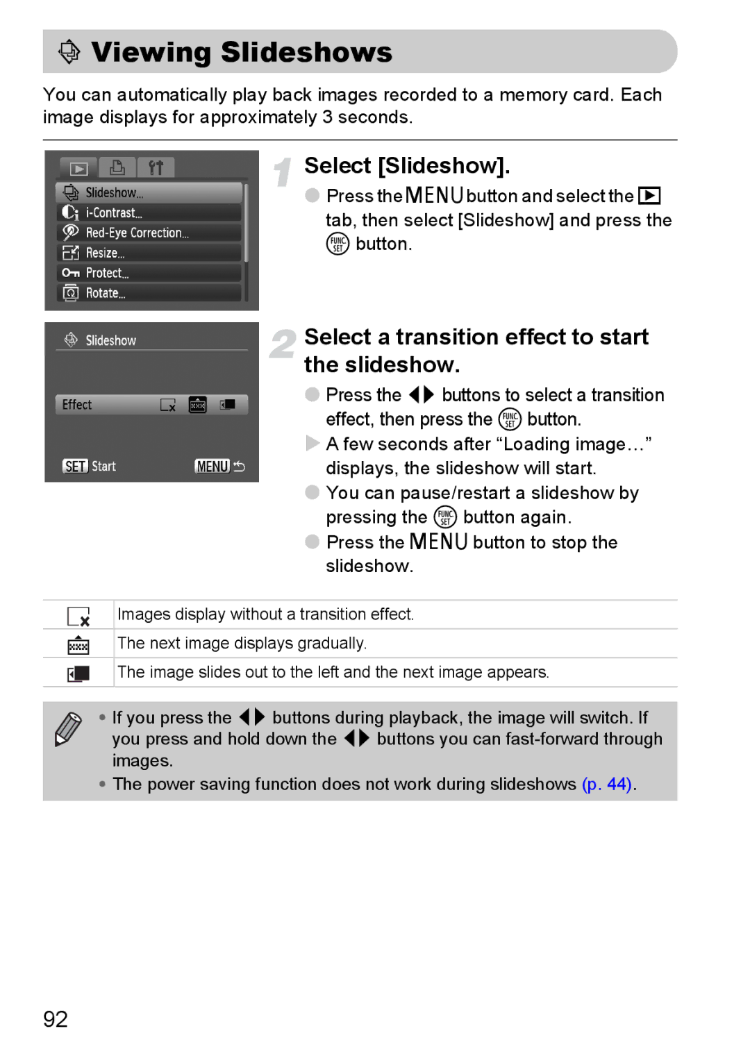 Canon IXUS 95 IS manual Viewing Slideshows, Select Slideshow, Select a transition effect to start the slideshow 