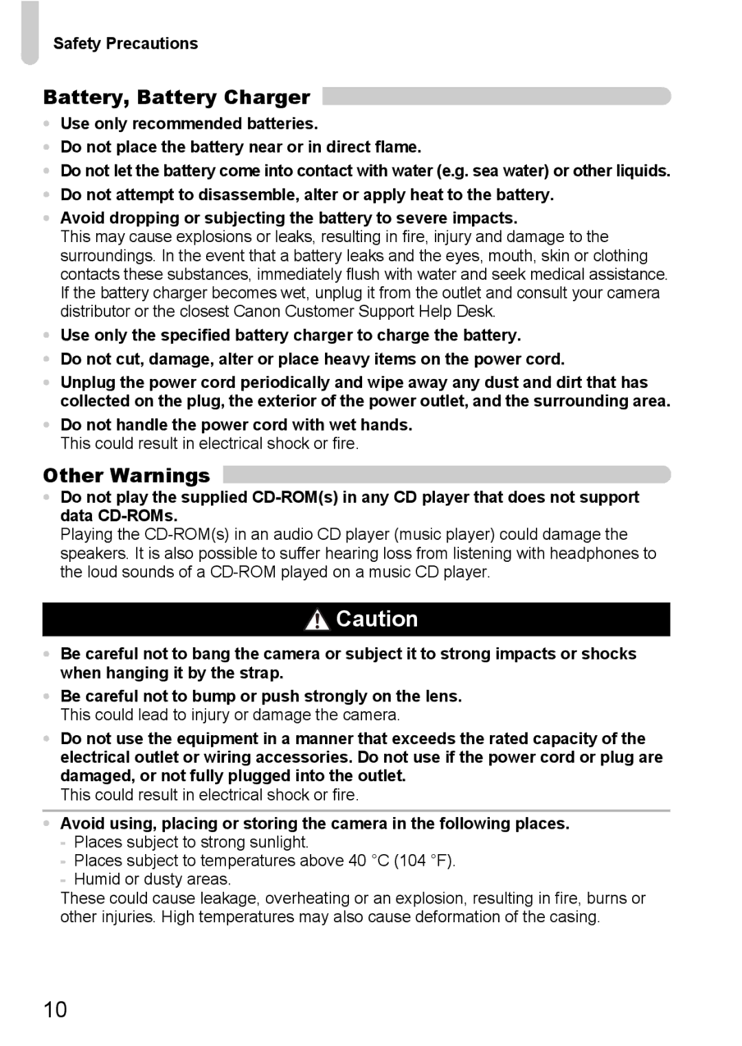 Canon IXUS11015 manual Battery, Battery Charger, Other Warnings, Safety Precautions 