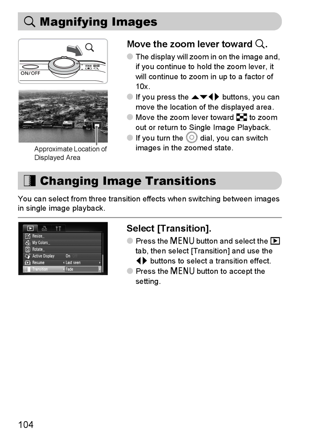 Canon IXUS11015 Magnifying Images, + Changing Image Transitions, Move the zoom lever toward k, Select Transition, 104 