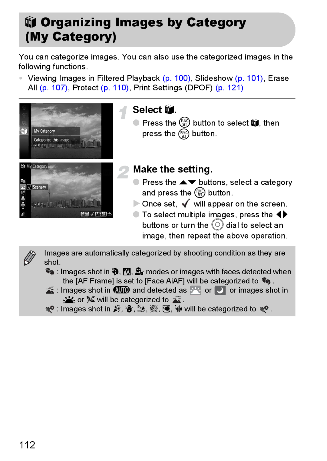 Canon IXUS11015 manual Organizing Images by Category My Category, 112 