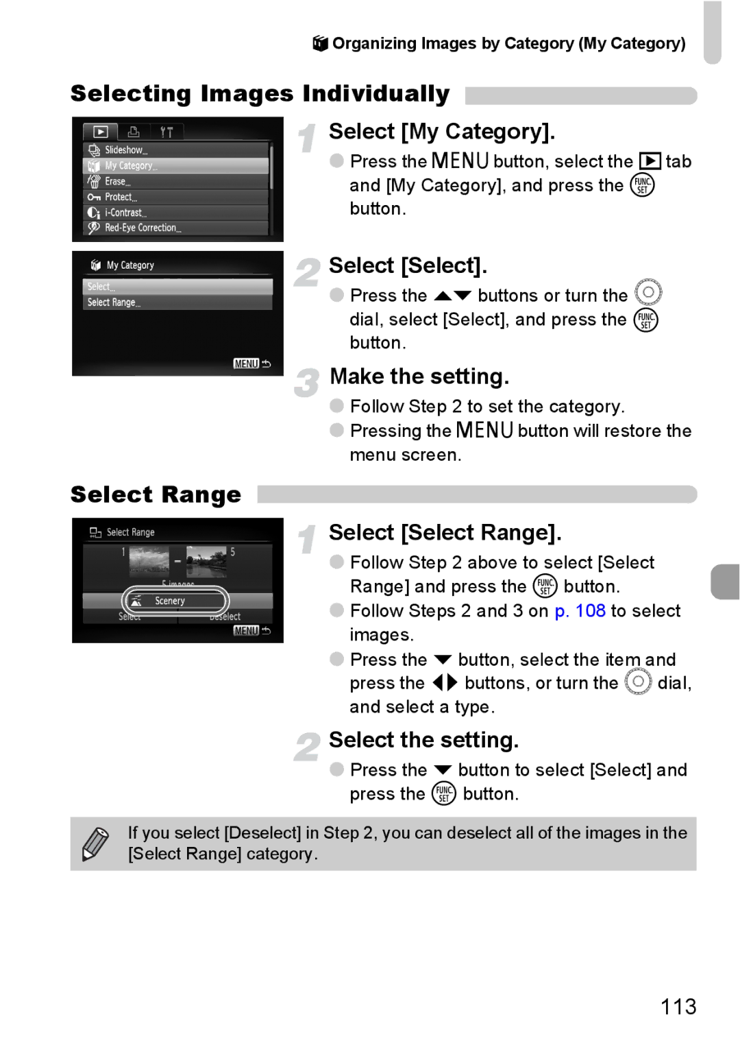 Canon IXUS11015 manual Select My Category, Select the setting, 113, Organizing Images by Category My Category 