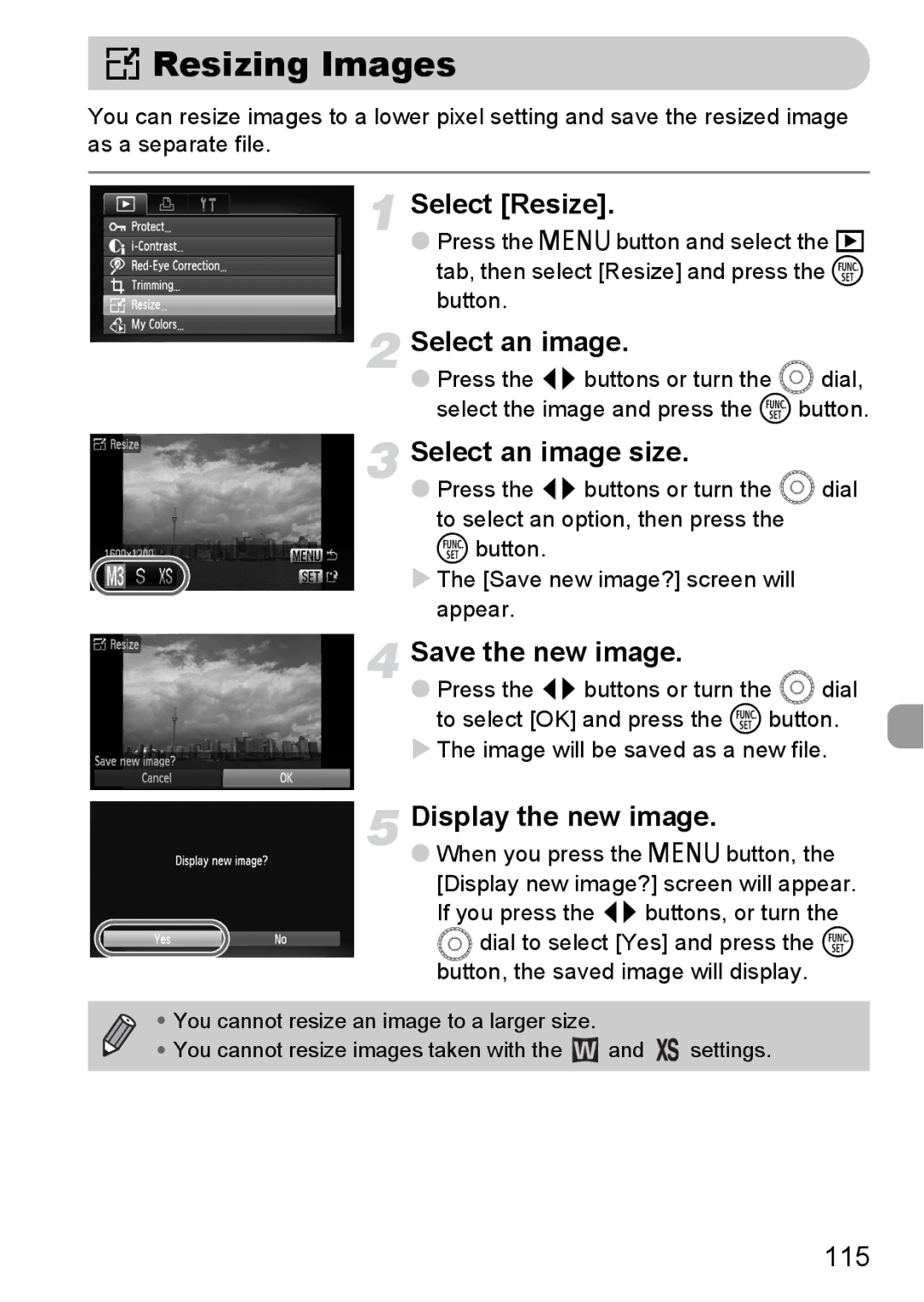 Canon IXUS11015 manual = Resizing Images, Select Resize, Select an image size, Save the new image, Display the new image 