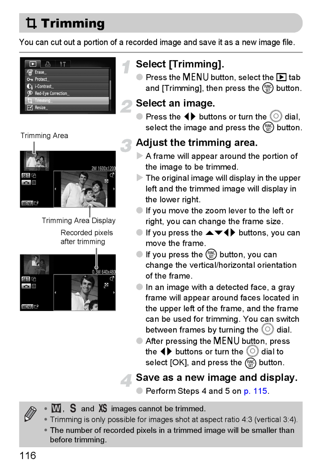 Canon IXUS11015 manual Select Trimming, Adjust the trimming area, Save as a new image and display, 116 