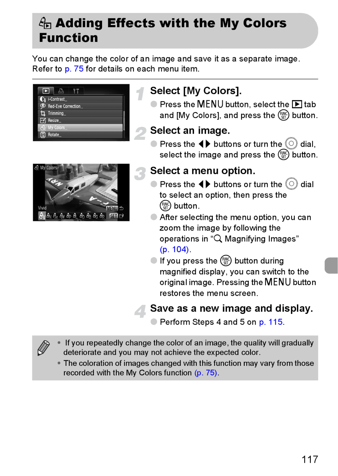 Canon IXUS11015 manual ? Adding Effects with the My Colors Function, Select a menu option, 117 