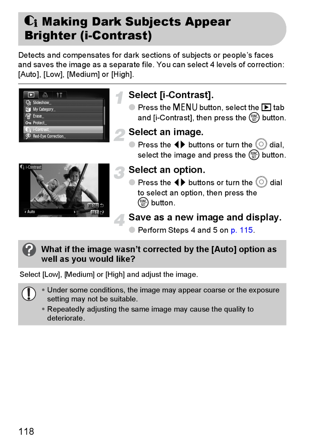 Canon IXUS11015 manual @ Making Dark Subjects Appear Brighter i-Contrast, 118 