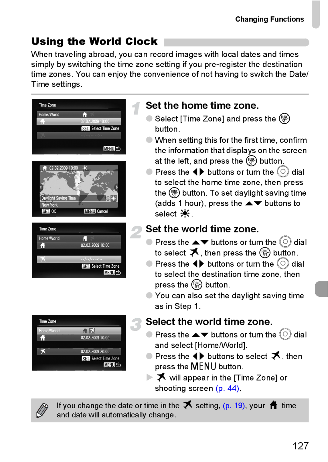 Canon IXUS11015 Using the World Clock, Set the home time zone, Set the world time zone, Select the world time zone, 127 