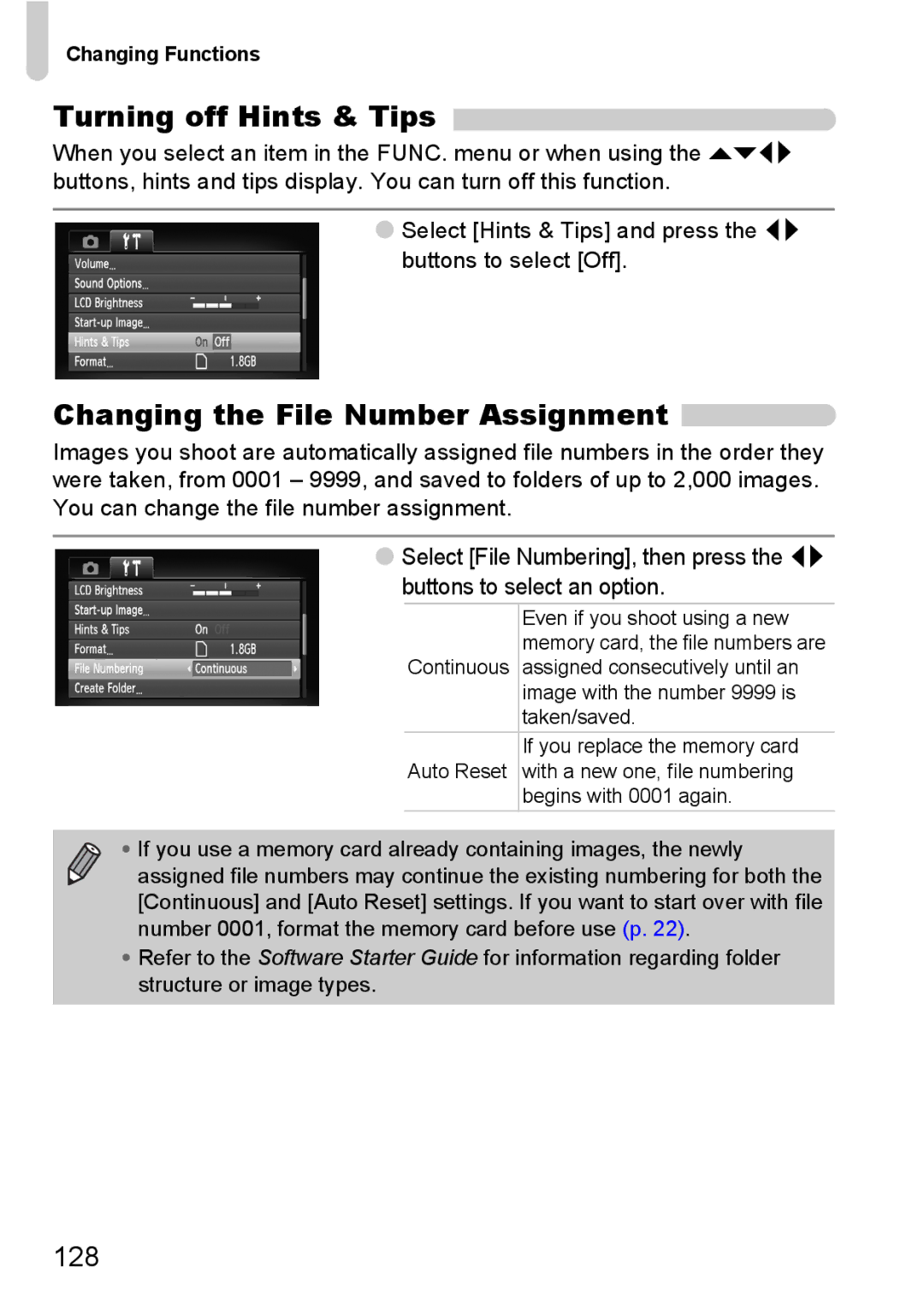 Canon IXUS11015 manual Turning off Hints & Tips, Changing the File Number Assignment, 128 