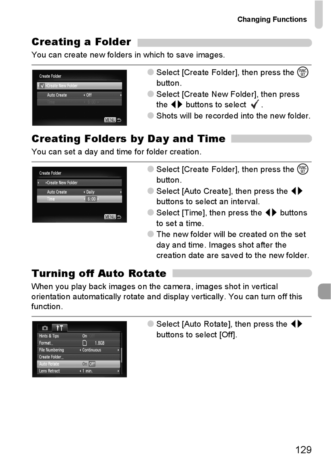 Canon IXUS11015 manual Creating a Folder, Creating Folders by Day and Time, Turning off Auto Rotate, 129 