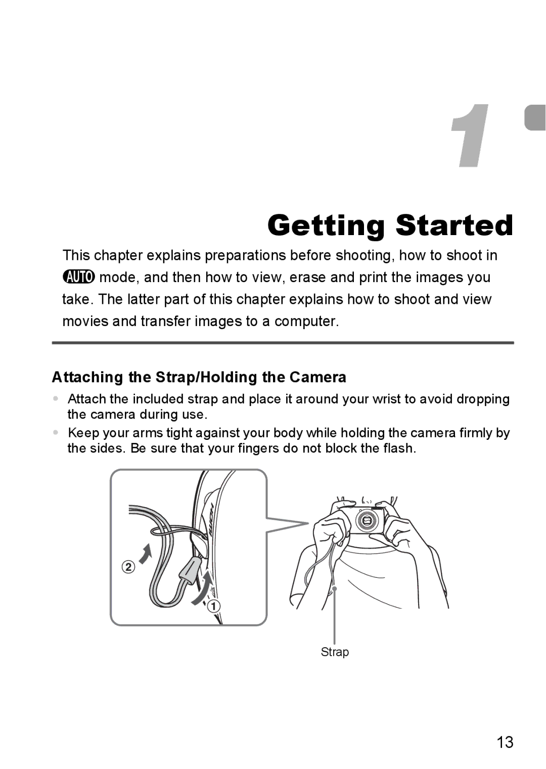 Canon IXUS11015 manual Getting Started, Attaching the Strap/Holding the Camera 