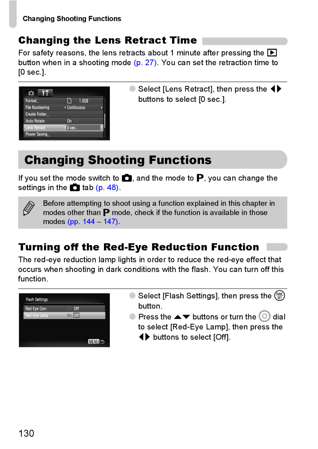 Canon IXUS11015 Changing Shooting Functions, Changing the Lens Retract Time, Turning off the Red-Eye Reduction Function 