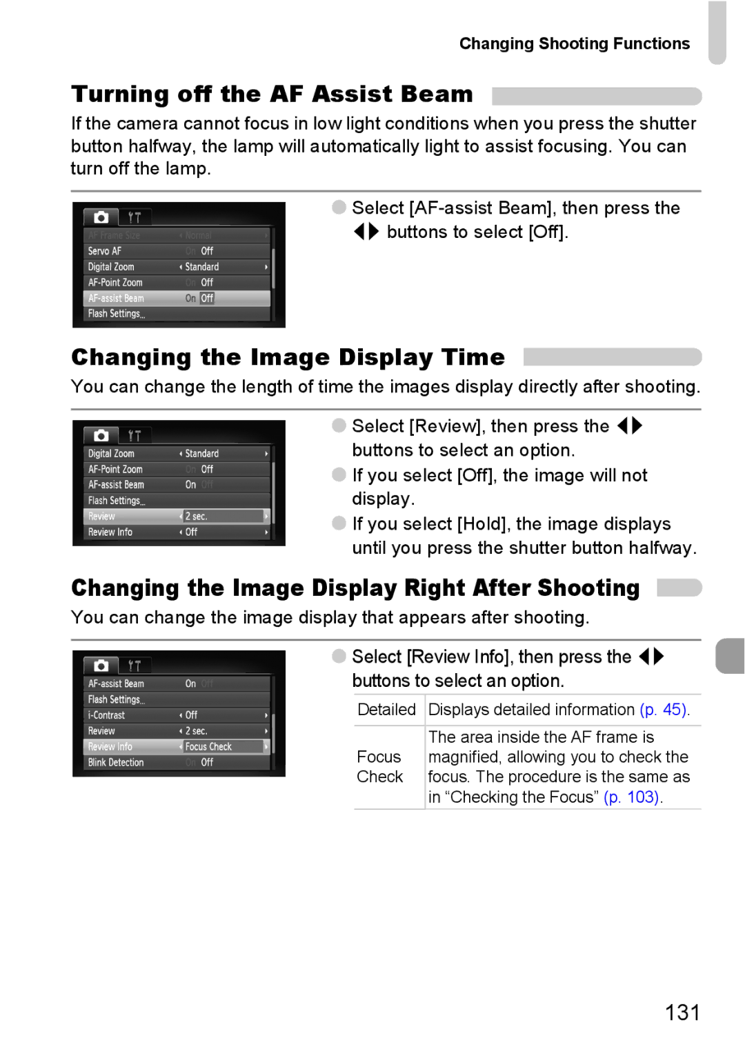 Canon IXUS11015 manual Turning off the AF Assist Beam, Changing the Image Display Time, 131 